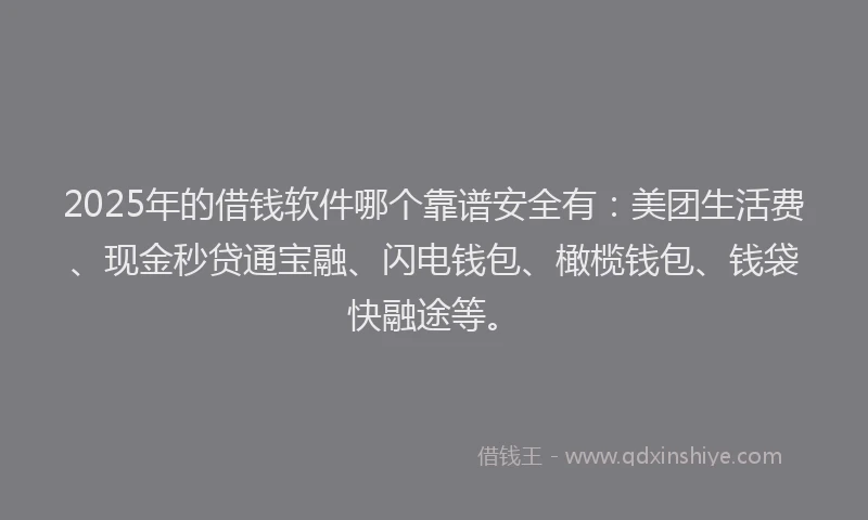 2025年的借钱软件哪个靠谱安全有：美团生活费、现金秒贷通宝融、闪电钱包、橄榄钱包、钱袋快融途等。
