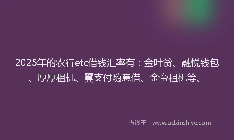 2025年的农行etc借钱汇率有：金叶贷、融悦钱包、厚厚租机、翼支付随意借、金帝租机等。