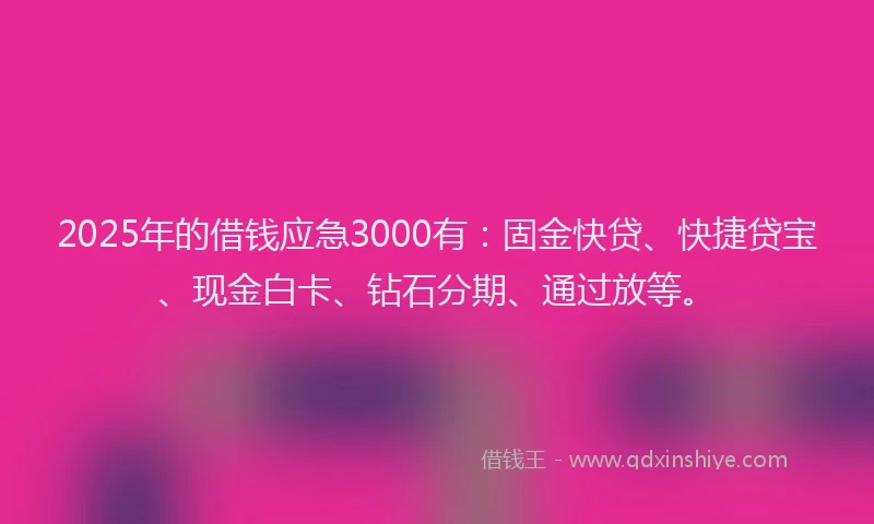 2025年的借钱应急3000有：固金快贷、快捷贷宝、现金白卡、钻石分期、通过放等。