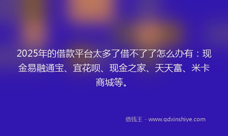 2025年的借款平台太多了借不了了怎么办有：现金易融通宝、宜花呗、现金之家、天天富、米卡商城等。