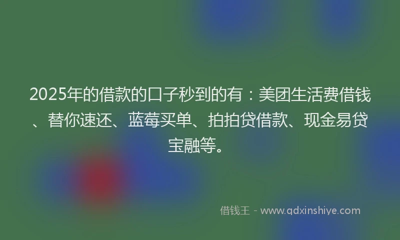 2025年的借款的口子秒到的有：美团生活费借钱、替你速还、蓝莓买单、拍拍贷借款、现金易贷宝融等。