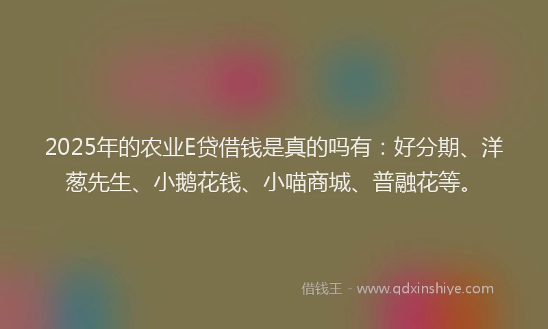 2025年的农业E贷借钱是真的吗有：好分期、洋葱先生、小鹅花钱、小喵商城、普融花等。
