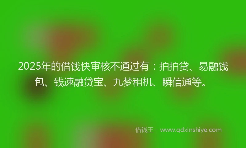 2025年的借钱快审核不通过有：拍拍贷、易融钱包、钱速融贷宝、九梦租机、瞬信通等。
