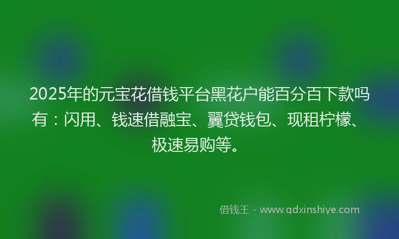 2025年的元宝花借钱平台黑花户能百分百下款吗有：闪用、钱速借融宝、翼贷钱包、现租柠檬、极速易购等。