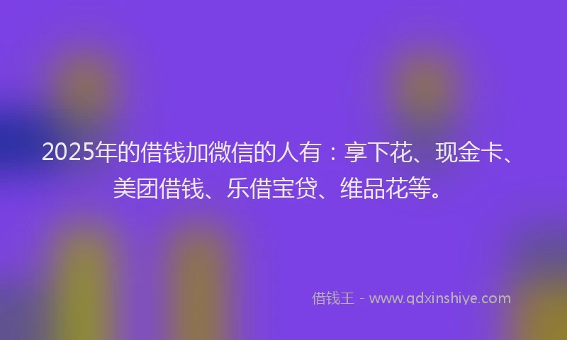 2025年的借钱加微信的人有：享下花、现金卡、美团借钱、乐借宝贷、维品花等。