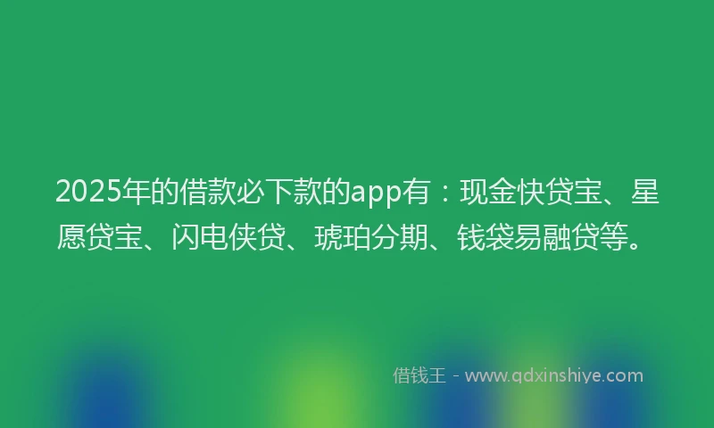 2025年的借款必下款的app有：现金快贷宝、星愿贷宝、闪电侠贷、琥珀分期、钱袋易融贷等。