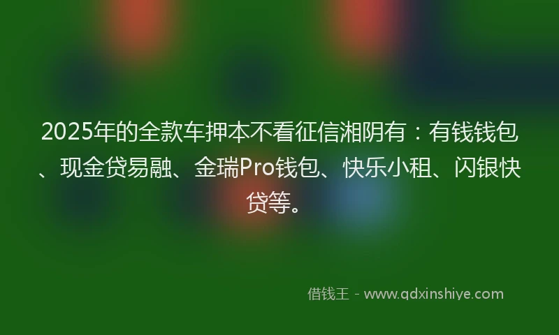 2025年的全款车押本不看征信湘阴有：有钱钱包、现金贷易融、金瑞Pro钱包、快乐小租、闪银快贷等。