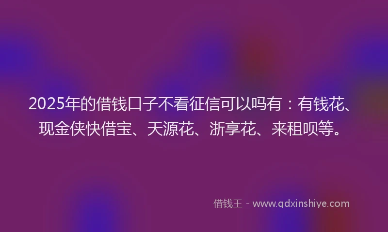 2025年的借钱口子不看征信可以吗有：有钱花、现金侠快借宝、天源花、浙享花、来租呗等。