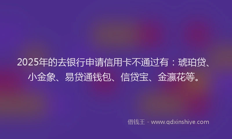 2025年的去银行申请信用卡不通过有：琥珀贷、小金象、易贷通钱包、信贷宝、金瀛花等。