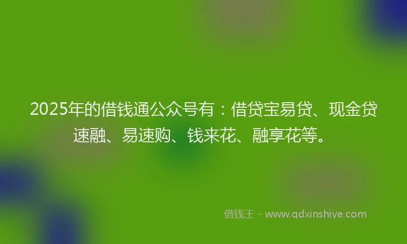 2025年的借钱通公众号有：借贷宝易贷、现金贷速融、易速购、钱来花、融享花等。