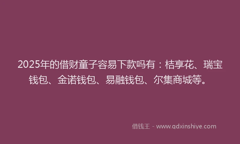 2025年的借财童子容易下款吗有：桔享花、瑞宝钱包、金诺钱包、易融钱包、尔集商城等。