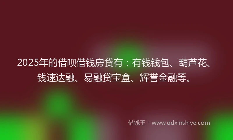 2025年的借呗借钱房贷有：有钱钱包、葫芦花、钱速达融、易融贷宝盒、辉誉金融等。