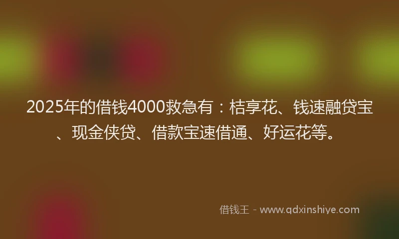 2025年的借钱4000救急有：桔享花、钱速融贷宝、现金侠贷、借款宝速借通、好运花等。
