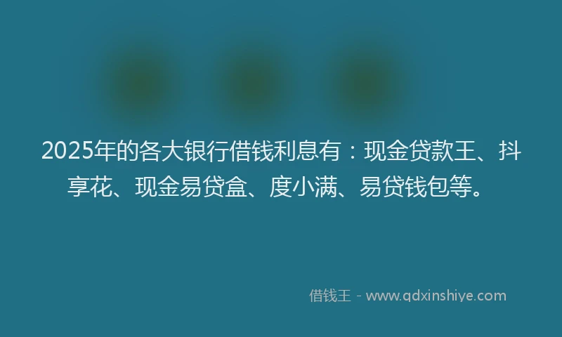 2025年的各大银行借钱利息有：现金贷款王、抖享花、现金易贷盒、度小满、易贷钱包等。