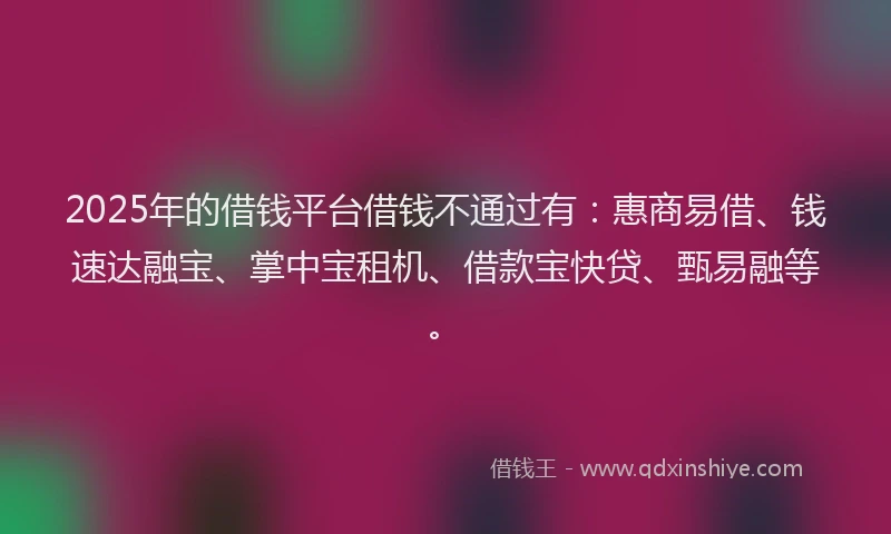 2025年的借钱平台借钱不通过有：惠商易借、钱速达融宝、掌中宝租机、借款宝快贷、甄易融等。