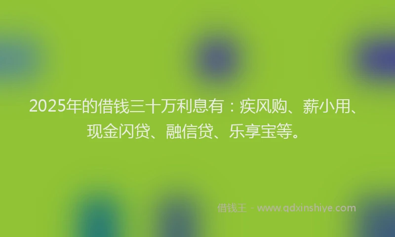 2025年的借钱三十万利息有：疾风购、薪小用、现金闪贷、融信贷、乐享宝等。