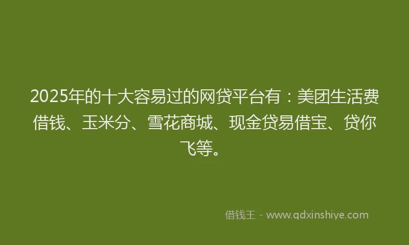 2025年的十大容易过的网贷平台有：美团生活费借钱、玉米分、雪花商城、现金贷易借宝、贷你飞等。