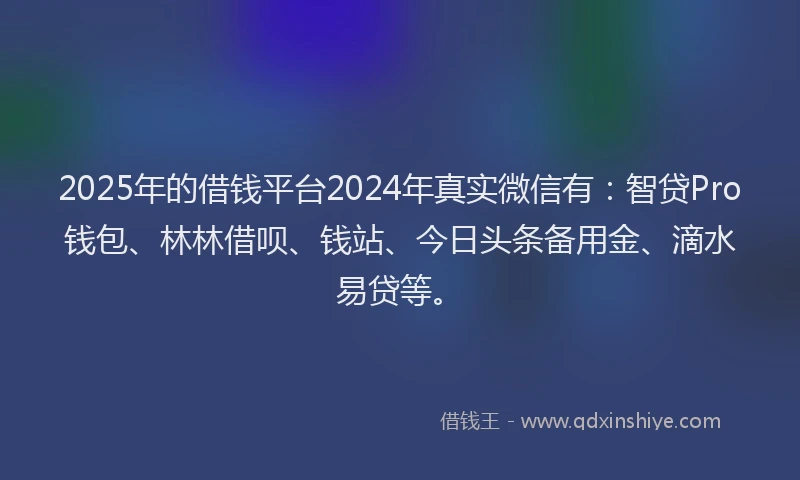2025年的借钱平台2024年真实微信有：智贷Pro钱包、林林借呗、钱站、今日头条备用金、滴水易贷等。