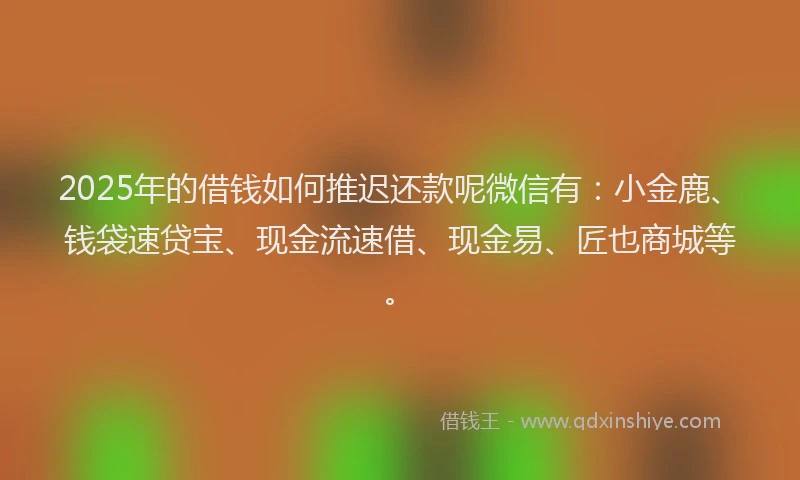 2025年的借钱如何推迟还款呢微信有：小金鹿、钱袋速贷宝、现金流速借、现金易、匠也商城等。