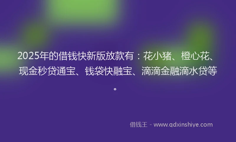 2025年的借钱快新版放款有：花小猪、橙心花、现金秒贷通宝、钱袋快融宝、滴滴金融滴水贷等。