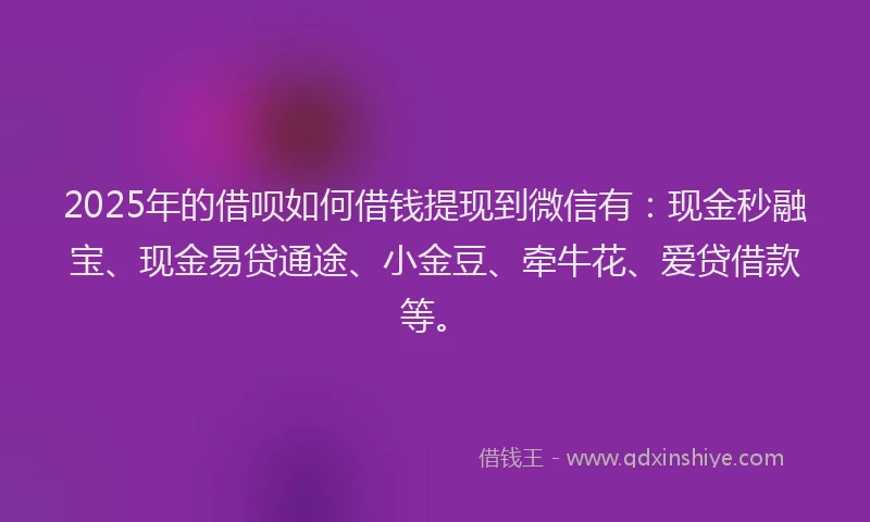 2025年的借呗如何借钱提现到微信有：现金秒融宝、现金易贷通途、小金豆、牵牛花、爱贷借款等。