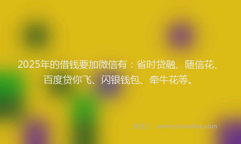 2025年的借钱要加微信有：省时贷融、随信花、百度贷你飞、闪银钱包、牵牛花等。