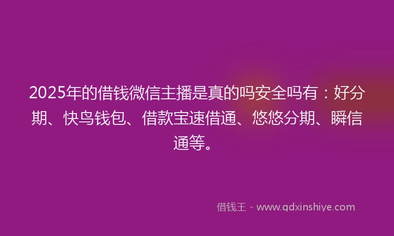 2025年的借钱微信主播是真的吗安全吗有：好分期、快鸟钱包、借款宝速借通、悠悠分期、瞬信通等。