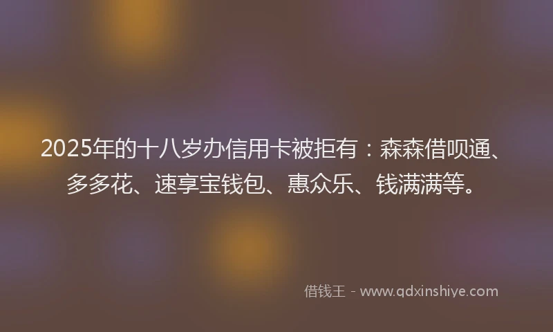 2025年的十八岁办信用卡被拒有：森森借呗通、多多花、速享宝钱包、惠众乐、钱满满等。