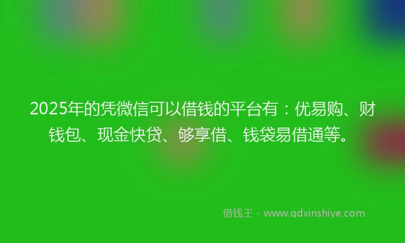 2025年的凭微信可以借钱的平台有：优易购、财钱包、现金快贷、够享借、钱袋易借通等。
