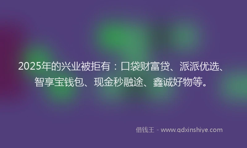 2025年的兴业被拒有：口袋财富贷、派派优选、智享宝钱包、现金秒融途、鑫诚好物等。