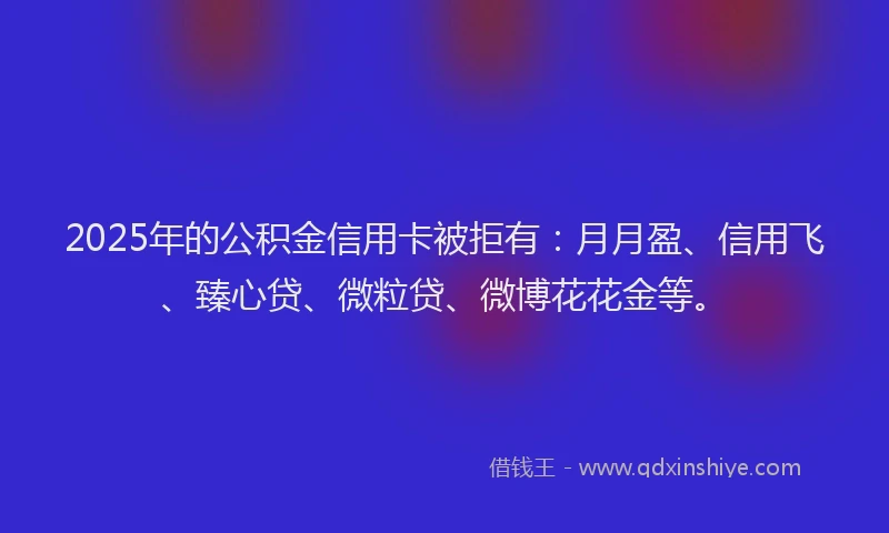 2025年的公积金信用卡被拒有：月月盈、信用飞、臻心贷、微粒贷、微博花花金等。