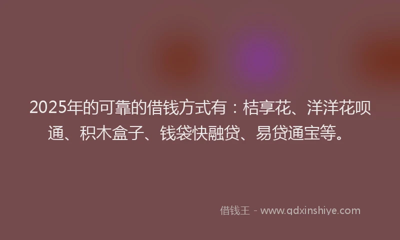 2025年的可靠的借钱方式有：桔享花、洋洋花呗通、积木盒子、钱袋快融贷、易贷通宝等。