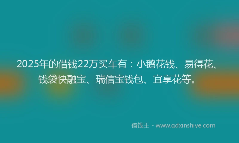2025年的借钱22万买车有：小鹅花钱、易得花、钱袋快融宝、瑞信宝钱包、宜享花等。