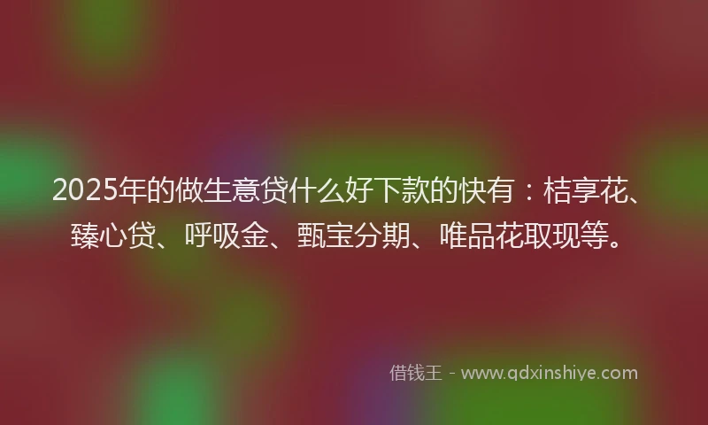2025年的做生意贷什么好下款的快有：桔享花、臻心贷、呼吸金、甄宝分期、唯品花取现等。