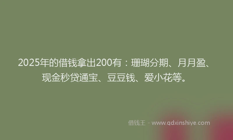 2025年的借钱拿出200有：珊瑚分期、月月盈、现金秒贷通宝、豆豆钱、爱小花等。