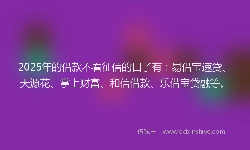 2025年的借款不看征信的口子有：易借宝速贷、天源花、掌上财富、和信借款、乐借宝贷融等。