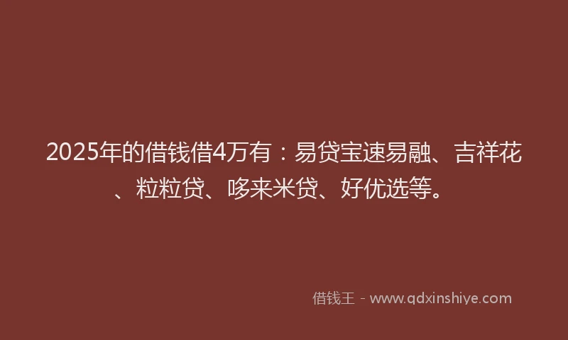 2025年的借钱借4万有：易贷宝速易融、吉祥花、粒粒贷、哆来米贷、好优选等。