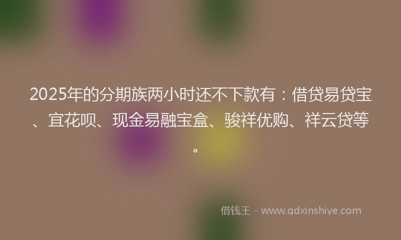 2025年的分期族两小时还不下款有：借贷易贷宝、宜花呗、现金易融宝盒、骏祥优购、祥云贷等。