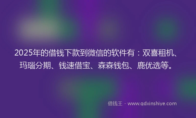 2025年的借钱下款到微信的软件有：双喜租机、玛瑙分期、钱速借宝、森森钱包、鹿优选等。
