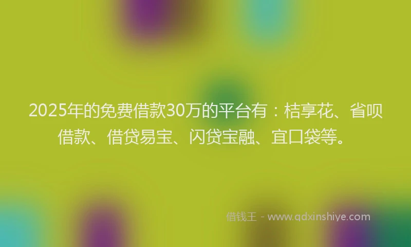 2025年的免费借款30万的平台有：桔享花、省呗借款、借贷易宝、闪贷宝融、宜口袋等。