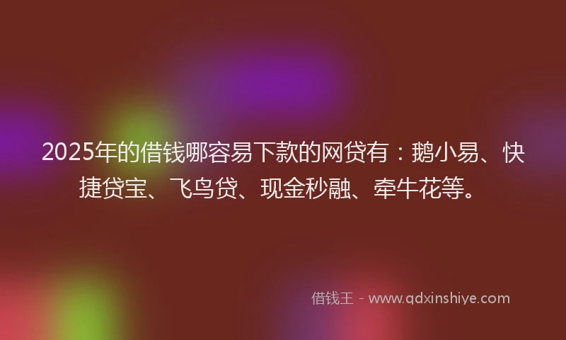 2025年的借钱哪容易下款的网贷有：鹅小易、快捷贷宝、飞鸟贷、现金秒融、牵牛花等。