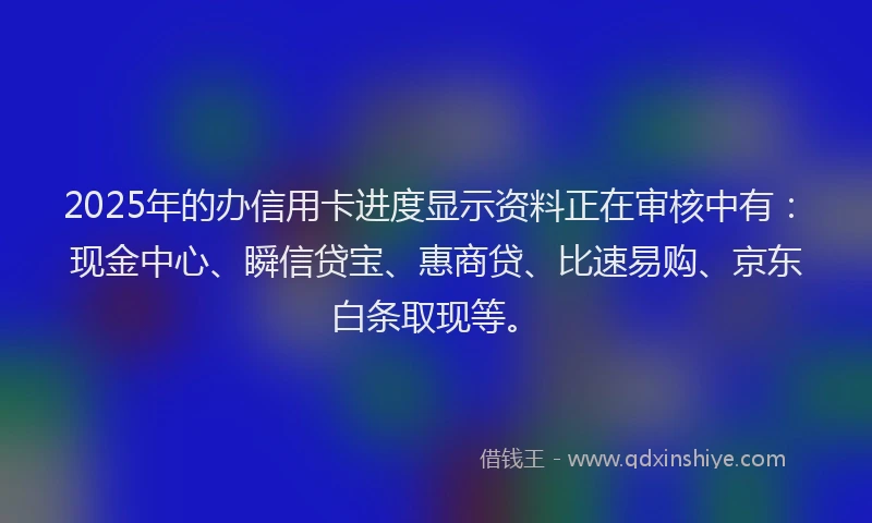 2025年的办信用卡进度显示资料正在审核中有：现金中心、瞬信贷宝、惠商贷、比速易购、京东白条取现等。