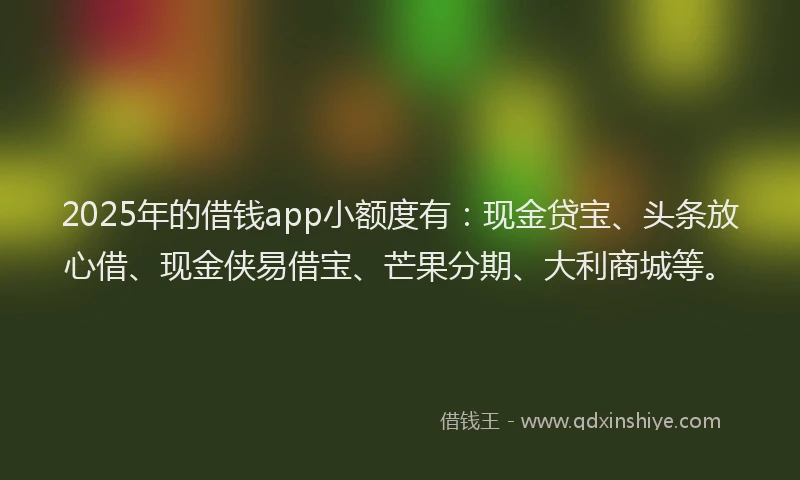 2025年的借钱app小额度有：现金贷宝、头条放心借、现金侠易借宝、芒果分期、大利商城等。