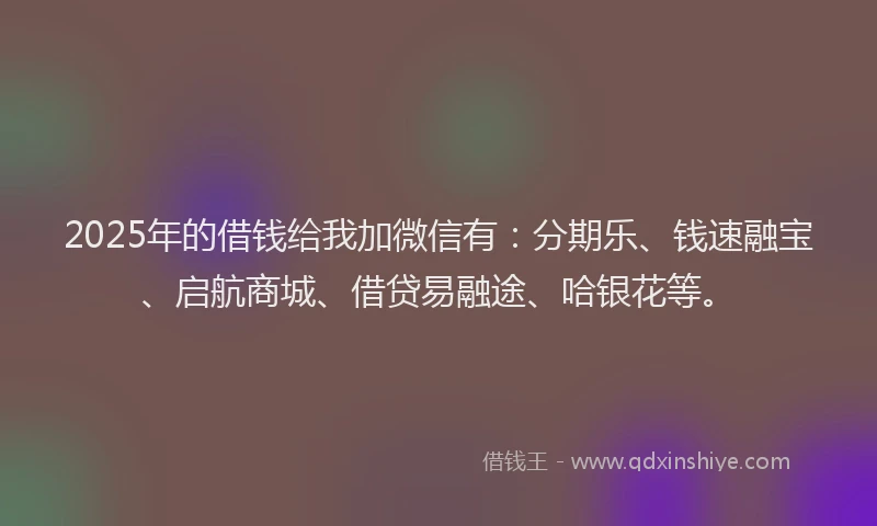 2025年的借钱给我加微信有：分期乐、钱速融宝、启航商城、借贷易融途、哈银花等。