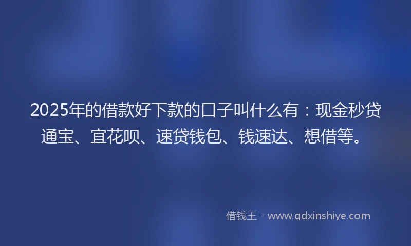 2025年的借款好下款的口子叫什么有：现金秒贷通宝、宜花呗、速贷钱包、钱速达、想借等。