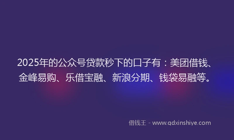 2025年的公众号贷款秒下的口子有：美团借钱、金峰易购、乐借宝融、新浪分期、钱袋易融等。