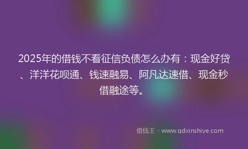 2025年的借钱不看征信负债怎么办有：现金好贷、洋洋花呗通、钱速融易、阿凡达速借、现金秒借融途等。