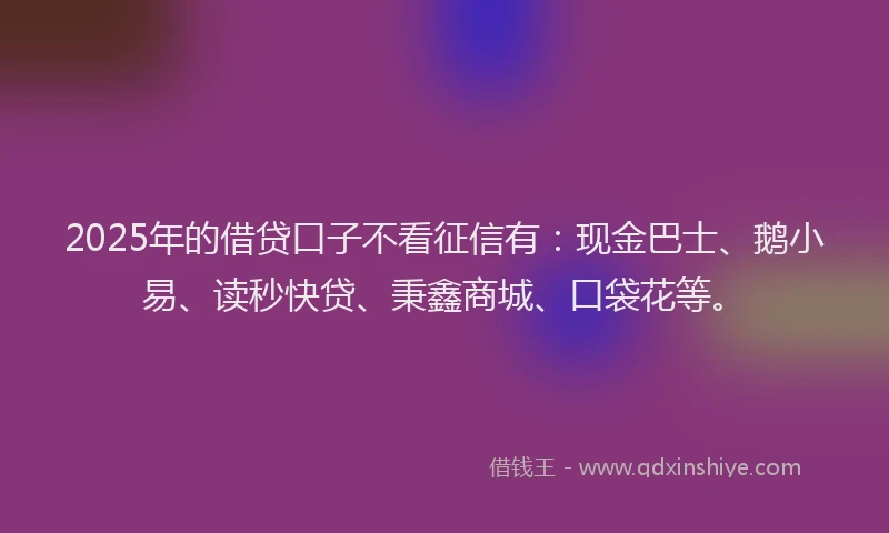 2025年的借贷口子不看征信有：现金巴士、鹅小易、读秒快贷、秉鑫商城、口袋花等。