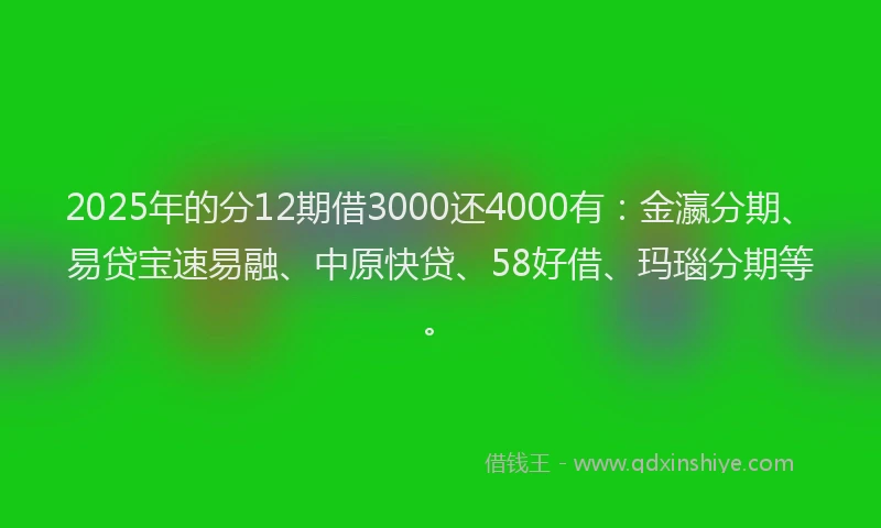 2025年的分12期借3000还4000有：金瀛分期、易贷宝速易融、中原快贷、58好借、玛瑙分期等。