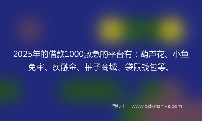 2025年的借款1000救急的平台有：葫芦花、小鱼免审、疾融金、柚子商城、袋鼠钱包等。